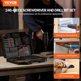Darrahopens Tools > Other Tools > Drill & Screwdriver Accessories VEVOR Drill Bit Set, 246 Pieces Drill and Driver Bit Set, Screwdriver Bit Set Suitable for Wood Metal Cement Drilling and Screw Driving, Drill Bit Sets Combo Kit Assorted in Organized Carrying Case
