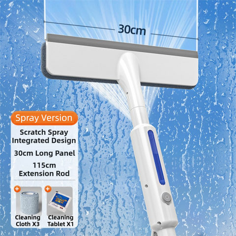 Darrahopens Tools > Other Tools > Hand Tools 3-in-1 Spray Window Squeegee with 30cm Clean-Panel & 115cm Extension Pole - Multi-functional Spray, Scrub & Squeegee Tool with 3 Microfiber Cloths