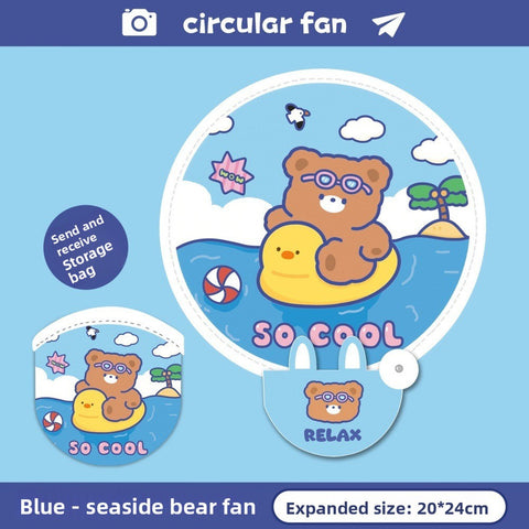 Darrahopens Tools > Other Tools > Hand Tools 5 Pack Blue Seaside Bear Cute Cartoon Folding Hand Fans Portable Mini Circular Fans 20x24cm for Aussie Summer Outdoor Travel with Matching Storage Pouches for Kids and Adults