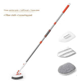 5-piece(Three-section pole+stiff brush+ base plate+fiber cloth+scouring pad) Long Handle Bathroom Floor Scrub Brush  - 180° Rotating Angle, Stainless Steel Pole, Corner Cleaning Design for Tiles, Grout, Bathtub, Shower - Heavy Duty Cleaning Tool
