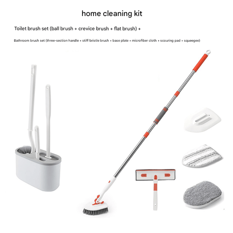 Darrahopens Tools > Other Tools > Hand Tools 9-piece White and Orange Complete Home Cleaning Brush Set - Stainless Steel Telescopic Bathroom Scrubber and Wall Mounted Silicone Toilet Brush Kit with Multiple Replaceable Heads for Deep Cleaning Tiles, Floors, and Toilets