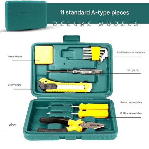 Darrahopens Tools > Other Tools > Hand Tools Green 11 Piece Set -Multi-Purpose Home & Car Tool Kit -  Durable Blow-Molded Case, Utility Knife, Tape Measure, Pliers, Hammer, Screwdrivers, Allen Keys - Compact Emergency Repair Set for DIY and Auto Maintenance