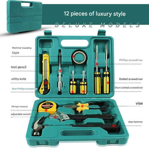 Darrahopens Tools > Other Tools > Hand Tools Green 12 Piece Set -Multi-Purpose Home & Car Tool Kit -  Durable Blow-Molded Case, Utility Knife, Tape Measure, Pliers, Hammer, Screwdrivers, Allen Keys - Compact Emergency Repair Set for DIY and Auto Maintenance