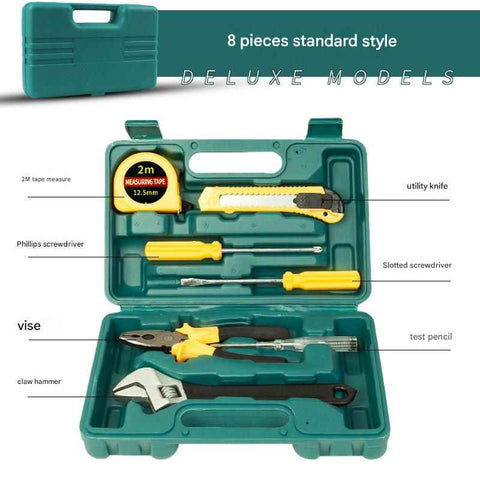 Darrahopens Tools > Other Tools > Hand Tools Green 8 Piece Set -Multi-Purpose Home & Car Tool Kit -  Durable Blow-Molded Case, Utility Knife, Tape Measure, Pliers, Hammer, Screwdrivers, Allen Keys - Compact Emergency Repair Set for DIY and Auto Maintenance