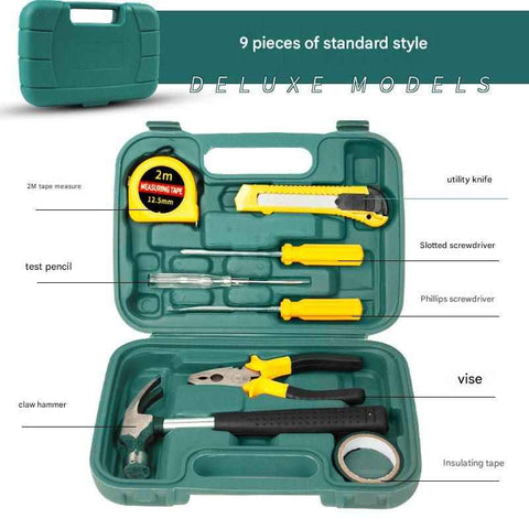 Darrahopens Tools > Other Tools > Hand Tools Green 9 Piece Set -Multi-Purpose Home & Car Tool Kit -  Durable Blow-Molded Case, Utility Knife, Tape Measure, Pliers, Hammer, Screwdrivers, Allen Keys - Compact Emergency Repair Set for DIY and Auto Maintenance