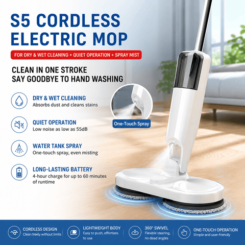 Darrahopens Tools > Other Tools > Hand Tools S5 White  Cordless Electric Spin Mop with Spray Function USB Rechargeable Floor Cleaner - Dual Rotating Mop Heads, Wet and Dry Cleaning, Lightweight Home Cleaning Solution for Hard Floors