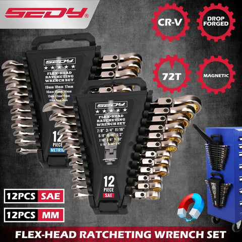 Darrahopens Tools > Other Tools > Hand Tools SEDY 24Pc Flexi Head Ratchet Spanner Set Metric & SAE with Magnetic Organizer