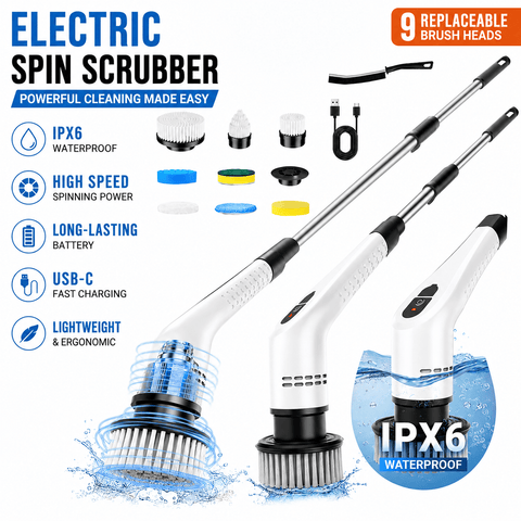 Darrahopens Tools > Other Tools > Hand Tools White 9 piece replaceable cleaning brush heads Electric Spin Scrubber with Extendable Handle - Cordless Rechargeable Cleaning Brush for Kitchen, Bathroom and Floors - IPX6 Waterproof, 2-Speed Motor, Long Battery Life