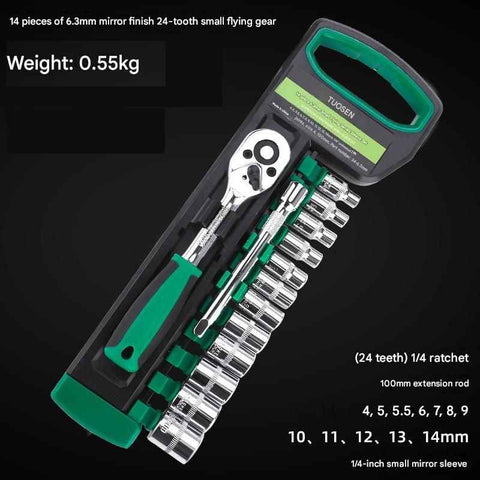 Darrahopens Tools > Other Tools > Tool Sockets Green 14-Piece 1/4-Inch Drive 24-Tooth Ratchet & Socket Set — High-Carbon Steel, Mirror-Polished Socket Wrench Tool Kit — Automotive Repair Tool Set with Quick-Release Ratchet — Ideal for Car Maintenance, Mechanical Repairs, and DIY Projects