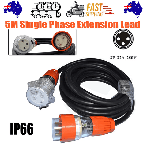 Darrahopens Tools > Power Tools > Outdoor Power Equipment 32 Amp 5m 3 Pin Extension Lead Single Phase 250V Rubber Cable Male/Female Plug