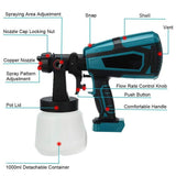 Darrahopens Tools > Power Tools > Painting Tools 1400ml Cordless High Pressure Spray Gun Flow Adjustable Spray Gun Paint Sprayer Home Interior Exterior With 2 Nozzles For Makita 21V Battery-Skin Only