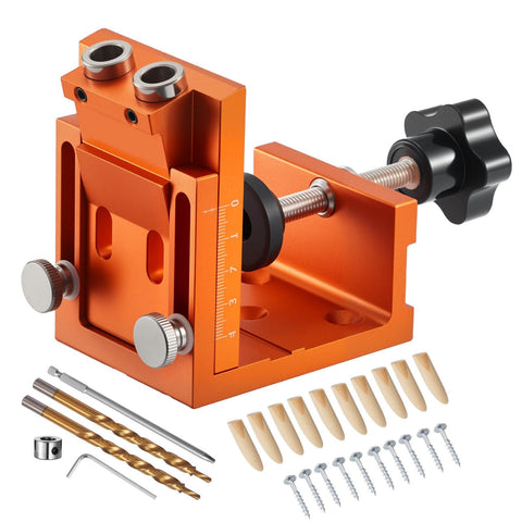 Darrahopens Tools > Pumps > Air Pumps VEVOR Pocket Hole Jig Kit, 12 mm to 48 mm Adjustable, Jig Pocket Hole System with Step Drill, Hex Wrench, Drill Stop Ring, Square Drive Bit, Plugs and Screws, Reinforced Metal Frame, for Woodworking