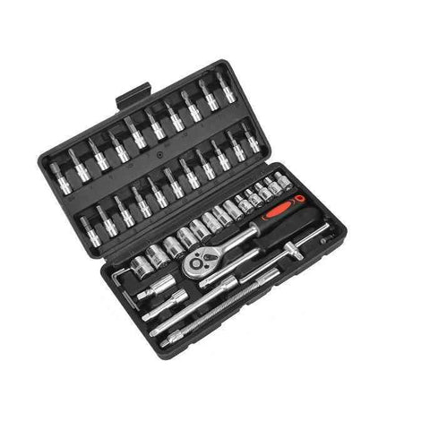 Darrahopens Tools > Tools Storage > Tool Boxes 46-Piece Automotive Repair Tool Set - Carbon Steel Ratchet Wrench Socket Kit - 1/4 Inch Drive with Extension Bars, Universal Joint, and Multi-Bit Screwdriver Heads - Compact Storage Case for Car Maintenance, Machinery Repair, and DIY Projects