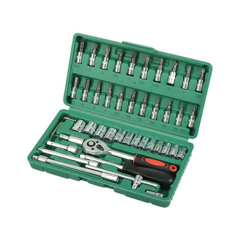 Darrahopens Tools > Tools Storage > Tool Boxes 46-Piece Automotive Repair Tool Set - Carbon Steel Ratchet Wrench Socket Kit - 1/4 Inch Drive with Extension Bars, Universal Joint, and Multi-Bit Screwdriver Heads - Compact Storage Case for Car Maintenance, Machinery Repair, and DIY Projects