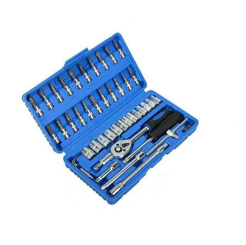 Darrahopens Tools > Tools Storage > Tool Boxes 46-Piece Automotive Repair Tool Set - Carbon Steel Ratchet Wrench Socket Kit - 1/4 Inch Drive with Extension Bars, Universal Joint, and Multi-Bit Screwdriver Heads - Compact Storage Case for Car Maintenance, Machinery Repair, and DIY Projects