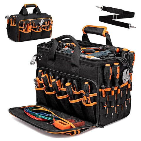 Darrahopens Tools > Tools Storage > Tool Boxes Heavy-Duty 17-Inch Tool Bag with 46 Pockets, Waterproof Base & Shoulder Strap(Black Orange)