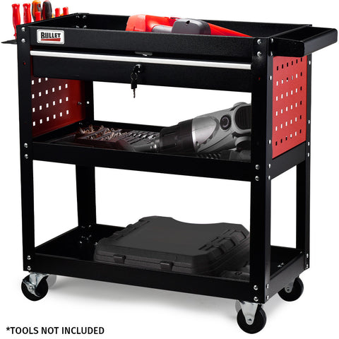Darrahopens Tools > Tools Storage > Utility Trolleys Bullet 3-Tier Steel Tool Trolley Cart, for Workshop, Mechanic, with Drawer, Pegboard, Screwdriver Bay, Black/Red