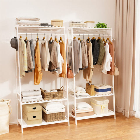 Darrahopens Tools > Tools Storage > Wall Storage Racks Large White Bamboo Garment Clothes Rack Shoes Coats Shelf w/ 3 Shelves & 10 Hook