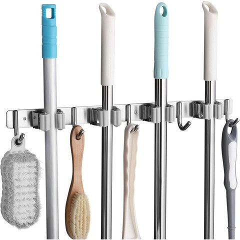 Darrahopens Tools > Tools Storage > Wall Storage Racks Stainless Steel Wall Mounted Broom Holder, Wall Mounted Broom Hanger With 4 Slots And 5 Hooks For Kitchen, Bathroom,
