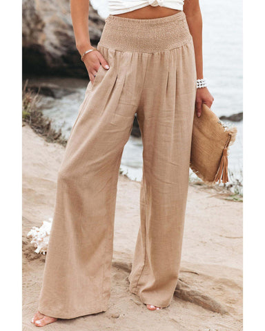 Darrahopens Women's Fashion > Bottoms Azura Exchange Smocked High Waist Wide Leg Pants in Khaki - XL