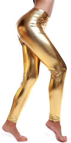 Darrahopens Women's Fashion > Bottoms Metallic Leggings Stretchy Pants Neon Fluro Shiny Glossy Dress Up Dance Party - Bronze