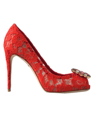 Darrahopens Women's Fashion > Thongs & Sandals Dolce & Gabbana Women's Red Taormina Lace Crystal Heels Pumps Shoes - 38 EU