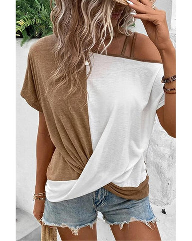 Darrahopens Women's Fashion > Tops & T-shirts Azura Exchange Asymmetric Colorblock Strappy Cold Shoulder Top - S