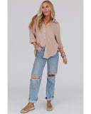 Darrahopens Women's Fashion > Tops & T-shirts Azura Exchange Crinkled Khaki Shirt with Turn-down Collar and Button Closure - L