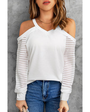 Darrahopens Women's Fashion > Tops & T-shirts Azura Exchange Cut-out Cold Shoulder Mesh Striped Long Sleeve T-shirt - 2XL