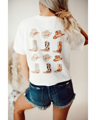 Darrahopens Women's Fashion > Tops & T-shirts Azura Exchange Double-Side Cowboy Hat & Boots Graphic Tee - M