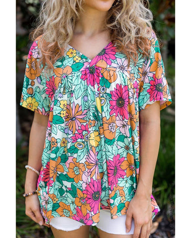 Darrahopens Women's Fashion > Tops & T-shirts Azura Exchange Floral Print Short Sleeve Babydoll Blouse - XL