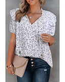 Darrahopens Women's Fashion > Tops & T-shirts Azura Exchange Floral Print Smocked Ruffled V Neck T-shirt - S