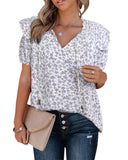 Darrahopens Women's Fashion > Tops & T-shirts Azura Exchange Floral Print Smocked Ruffled V Neck T-shirt - S