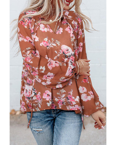 Darrahopens Women's Fashion > Tops & T-shirts Azura Exchange Floral Split V Neck Bubble Sleeves Shift Top - M