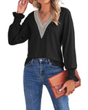Darrahopens Women's Fashion > Tops & T-shirts Azura Exchange Lace Panel V Neck Ruffle Blouse - XL
