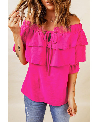 Darrahopens Women's Fashion > Tops & T-shirts Azura Exchange Lace Up Off Shoulder Ruffle Tiered Blouse - 2XL