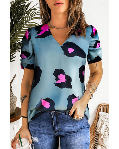 Darrahopens Women's Fashion > Tops & T-shirts Azura Exchange Leopard Print Ruched Short Sleeve Blouse - L