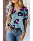 Darrahopens Women's Fashion > Tops & T-shirts Azura Exchange Leopard Print Ruched Short Sleeve Blouse - L