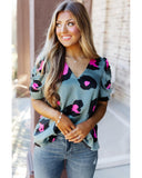 Darrahopens Women's Fashion > Tops & T-shirts Azura Exchange Leopard Print Ruched Short Sleeve Blouse - L