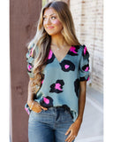 Darrahopens Women's Fashion > Tops & T-shirts Azura Exchange Leopard Print Ruched Short Sleeve Blouse - L