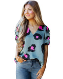 Darrahopens Women's Fashion > Tops & T-shirts Azura Exchange Leopard Print Ruched Short Sleeve Blouse - L