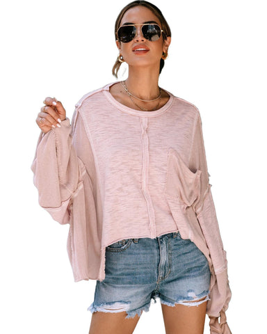 Darrahopens Women's Fashion > Tops & T-shirts Azura Exchange Loose Sleeve Oversized Top with Exposed Seam Chest Pocket - L