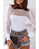 Darrahopens Women's Fashion > Tops & T-shirts Azura Exchange Mesh Patchwork Ribbed Long Sleeve Top with Pearl Accents - L