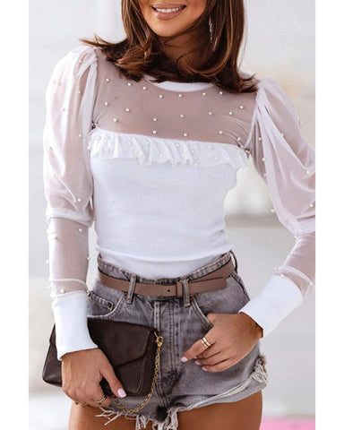 Darrahopens Women's Fashion > Tops & T-shirts Azura Exchange Mesh Patchwork Ribbed Long Sleeve Top with Pearl Accents - L