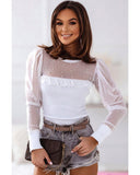 Darrahopens Women's Fashion > Tops & T-shirts Azura Exchange Mesh Patchwork Ribbed Long Sleeve Top with Pearl Accents - L