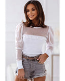 Darrahopens Women's Fashion > Tops & T-shirts Azura Exchange Mesh Patchwork Ribbed Long Sleeve Top with Pearl Accents - L