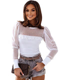 Darrahopens Women's Fashion > Tops & T-shirts Azura Exchange Mesh Patchwork Ribbed Long Sleeve Top with Pearl Accents - L