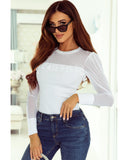 Darrahopens Women's Fashion > Tops & T-shirts Azura Exchange Mesh Patchwork Ribbed Long Sleeve Top with Pearl Accents - L