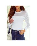 Darrahopens Women's Fashion > Tops & T-shirts Azura Exchange Mesh Patchwork Ribbed Long Sleeve Top with Pearl Accents - L