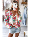 Darrahopens Women's Fashion > Tops & T-shirts Azura Exchange Pleated Puff Sleeve Blouse with V Neck and Floral Design - M